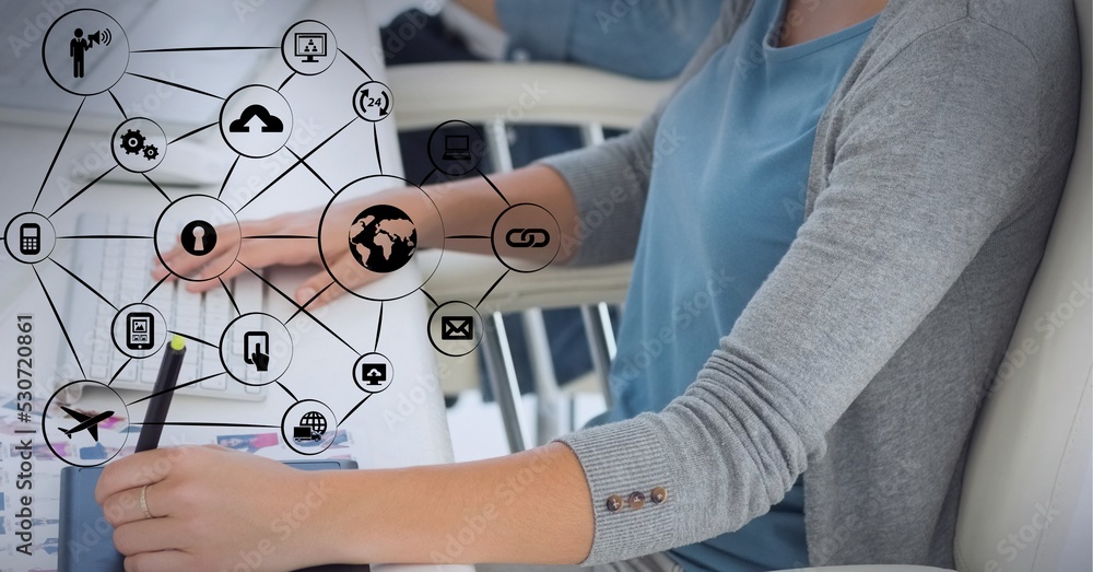 Poster composition of network of connections with digital icons over woman using computer