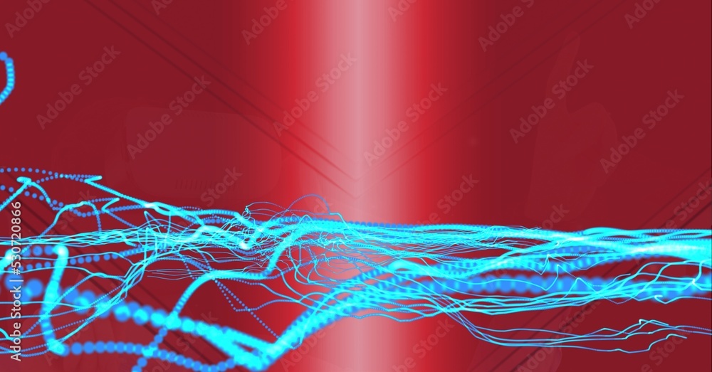 Poster composition of glowing mesh of network of connections on red background