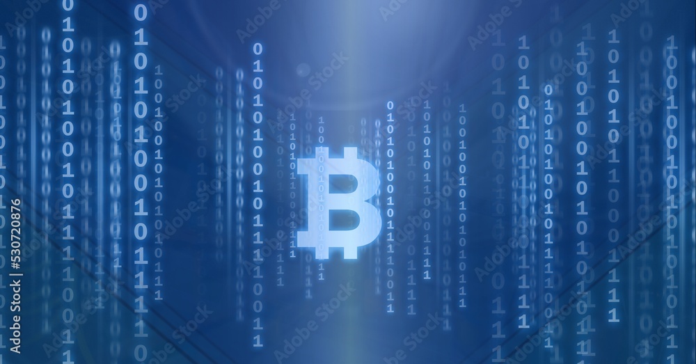 Poster composition of bitcoin symbol, binary coding processing on blue background