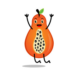 a tropical fruit called papaya which is made into a kawaii mascot jumping for joy