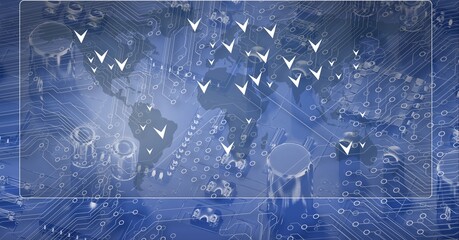 Composition of digital arrows and world map over computer circuit board