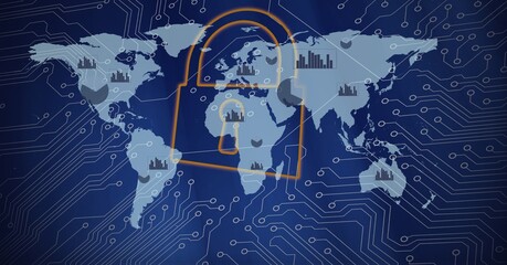 Composition of security padlock, world map over computer circuit board on blue background