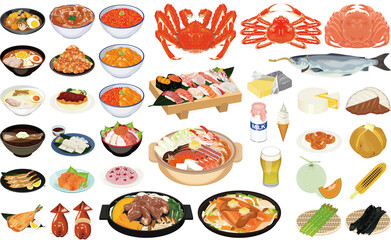 北海道の人気グルメ・名産のアイコン①（ジンギスカン、お寿司、ラーメン、かに、いくら、うに）