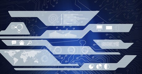 Composition of digital icons over computer circuit board on blue background