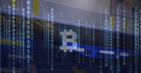Composition of bitcoin symbol, binary coding processing on computer background