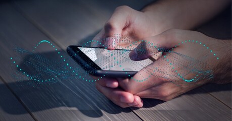 Composition of dna strand over person using smartphone with blank screen