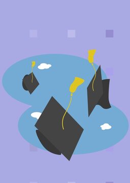 Composition of graduation hats on blue and purple patterned background with copy space