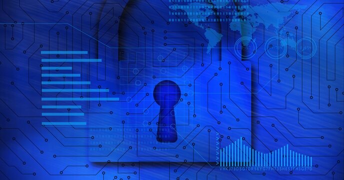 Composition of digital security padlock, world map over computer circuit board on blue background