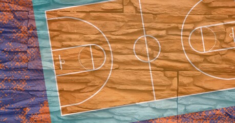 Composition of basketball court over grunge distressed background