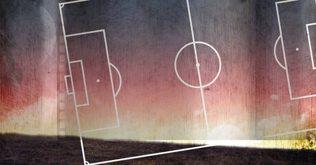 Composition of basketball court over landscape distressed background © vectorfusionart