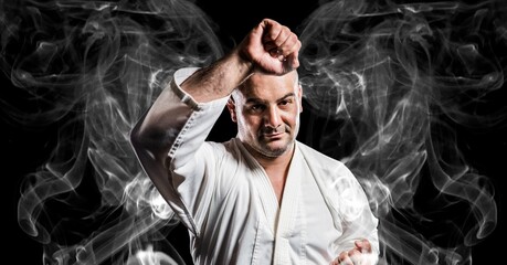 Composition of male martial artist over trails of smoke on black background