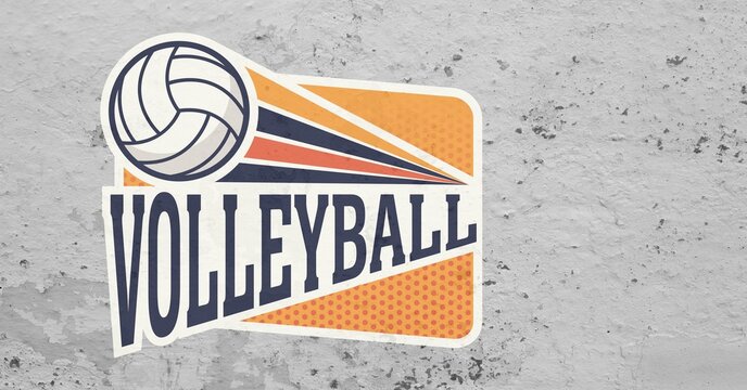 Composition of orange, white and black volleyball logo design with ball, on textured concrete
