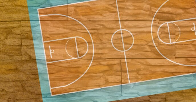 Composition Of Brown And Blue Basketball Court Overhead View On Textured Stone Wall Wall Background