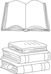 A set of books. Open book with blank pages and a stack of books of different thickness and size. Outline vector drawing with black line.
