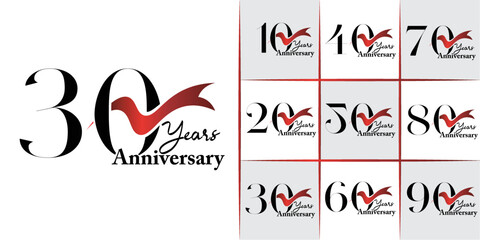 10th - 90th Set of Anniversary emblems design with red ribbon, anniversary template design for web, game ,Creative poster, booklet, leaflet, flyer, magazine, invitation card