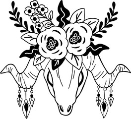 Hand Drawn buffalo horn and flowers illustration