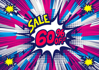 60 Percent OFF Discount on a Comics style bang shape background. Pop art comic discount promotion banners.