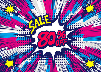 Obraz premium 80 Percent OFF Discount on a Comics style bang shape background. Pop art comic discount promotion banners.