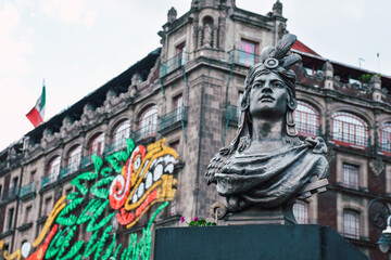 Cuauhtemoc statue in Zocalo in historic center of Mexico City, CDMX, Mexico. Cuauhtemoc is the last Aztec Emperor and ruler of Tenochtitlan from 1520 to 1521.