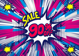 90 Percent OFF Discount on a Comics style bang shape background. Pop art comic discount promotion banners.