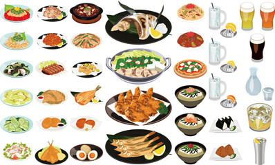 居酒屋の人気メニューアイコン②（もつ鍋、手羽先、ぶりカマ、ビール、ハイボール、レモンサワー）