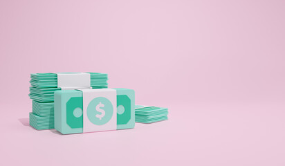 3D Rendering Concept coin. Symbols icon a bag of money, coins, and banknotes isolated on background pink free space