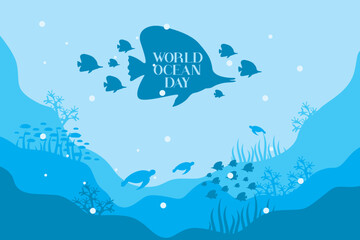 Happy world ocean day. Underwater life. Vector illustration of underwater life