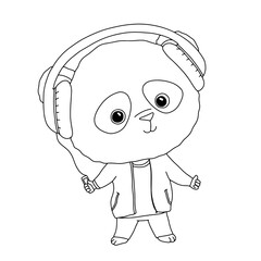 Cute little Chinese panda with headphones. Funny outline kid animal isolated on white background. Cool teen character for coloring book