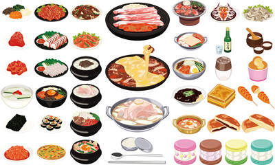 韓国料理の人気アイコン①（焼肉、チーズダッカルビ、ヤンニョムチキン、キンパ、トゥンカロン）