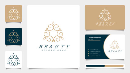 Fototapeta na wymiar Minimalist beauty logo design with line art style and business card template