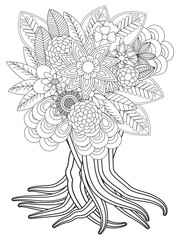 Flowers bouquet coloring book page. Isolated on white background. Doodle drawing anti-stress coloring books page for adults or children. Flat Vector Illustration