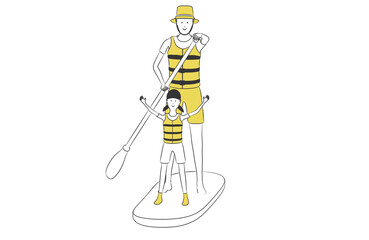 サップに乗る親子のシンプルなイラスト