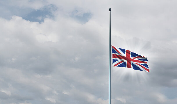 United Kingdom and Great Britain in mourning as the Union Jack flag at Half mast on the flagpole for honor respect and national rememberance following a death 