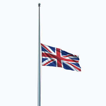 Great Britain Mourning and United Kingdom as the Union Jack flag at Half mast on the flagpole for honor respect and national rememberance following a death 