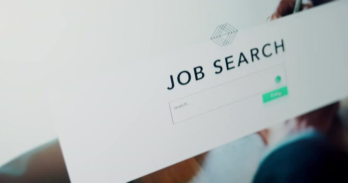 Job search bar, computer screen and recruitment website for we are hiring and Human Resources software on desktop app. Online corporate or business marketing, internet career advertising or SEO tech