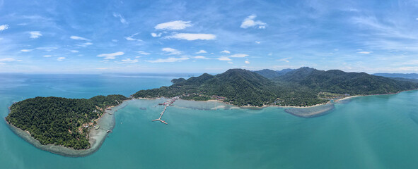 Aerial view of Koh Chang with blue sky and clear blue water.