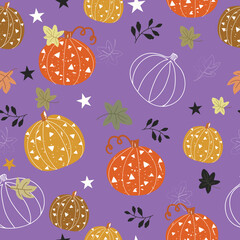 Pumpklin with ornament on violet background seamless pattern