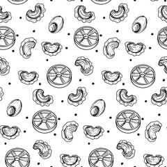 Hand drawn seamless pattern black and white of pasta, spaghetti. Vector illustration. Elements in graphic style label, sticker, menu, package