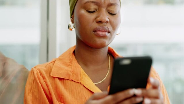 Confused face black woman, reading phone and social media, online and notification. African, question and angry young female thinking why, fake news mobile media and frustrated internet web gossip