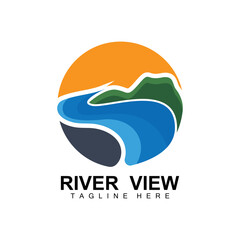 River Logo Design, River Creek Vector, Riverside Illustration With A Combination Of Mountains And Nature, Product Brand