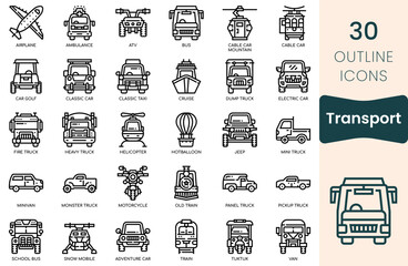 Transportation icon set. Thin outline icons pack. Vector illustration