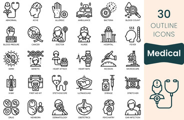 Medical icon set. Thin outline icons pack. Vector illustration