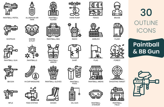 Paintball and BB Gun icon set. Thin outline icons pack. Vector illustration