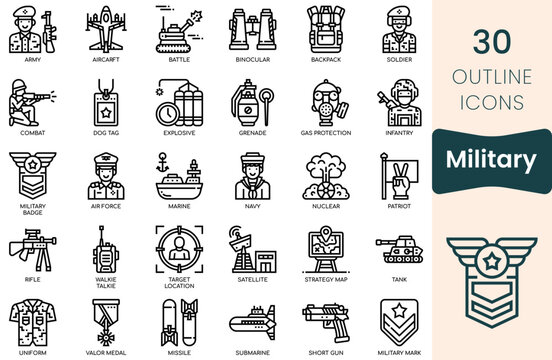 Military icon set. Thin outline icons pack. Vector illustration