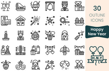 Happy New Year icon set. Thin outline icons pack. Vector illustration