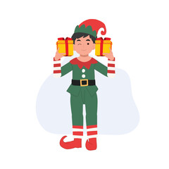 Cute young christmas elf boy with present box. vector illustration