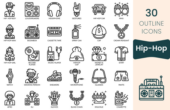 Hip Hop icon set. Thin outline icons pack. Vector illustration