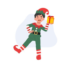 Cute young christmas elf boy with present box vector illustration