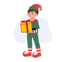 Cute young christmas elf boy with present box. vector illustration
