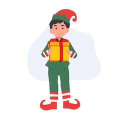 Cute young christmas elf boy with present box. Vector illustration